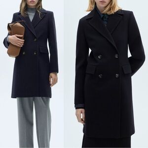 MANGO NWT Navy Blue Double Breasted Wool Trench Pea Coat Abrigo Dali Wool Coat